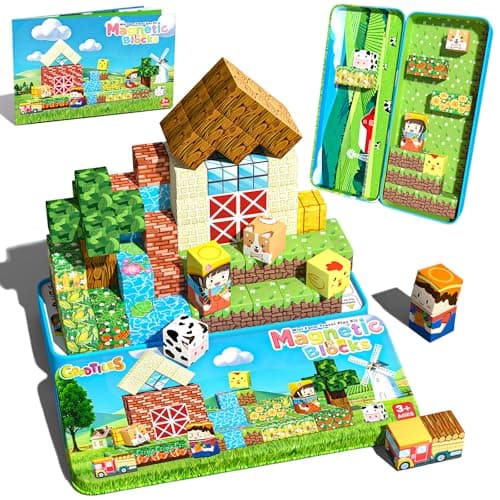Mini Magnetic Blocks, Magnet Building Cubes, Farm Animal Travel Outdoors Toys with Portable Iron Box, STEM Montessori Sensory Educational Toys for Toddlers, Gift for Kids Ages 3-8 Boys & Girls - Image 1