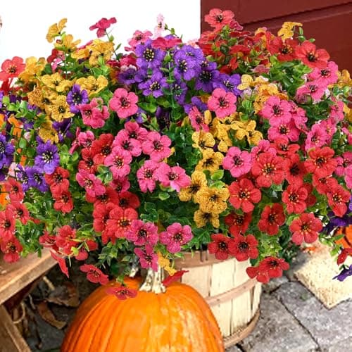 trytuny Artificial Flowers for Outdoor, UV Resistant Fake Silk Flowers, Realistic Faux Plants for Outside Indoor Porch Patio Window Box Planter Home Decor (14, Yellow Purple Rosy Red) - Image 1