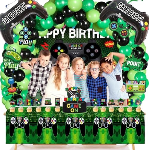Video Game Birthday Party Decorations Kit – 77PCS Gamer Supplies with Backdrop, Hanging Swirls, Foil Balloons, Table Cover, Cake Topper for Boys Kids Game Theme Party - Thumbnail 5