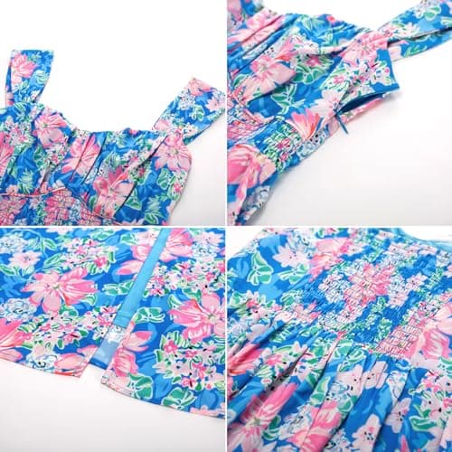 GRACE KARIN Summer Floral Dress for Women 2026,Off the Shoulder Smocked Bridesmaid Dresses,Formal Baby Shower Maxi Dresses Blue Pink S - Thumbnail 5