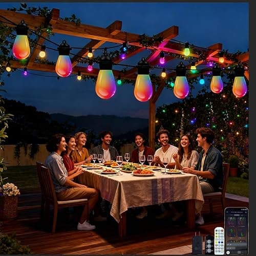 AurNyvaMay Outdoor String Lights S14, Smart Patio Lights with 15 Shatterproof LED Bulbs, APP & Remote Control, 213 Scene Modes, IP67 Waterproof for Garden, Wedding, Party, Camping - Image 1