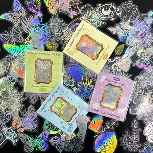 YAKUNCL 200 Pcs Holographic Aaesthetic Stickers – DIY Waterproof Decorative Stickers – Transparent Retro Resin Stickers for Water Bottles Laptops Scrapbook Journal - Thumbnail 2