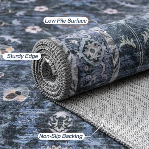 Tangsoo Small Rug 2x3 Throw Rugs for Entryway Washable Entry Rug Non Slip, Vintage Blue Floral Indoor Rugs Distressed Small Carpet Soft Low Pile Boho Door Mat for Entrance Bedroom Kitchen Foyer Decor - Thumbnail 5