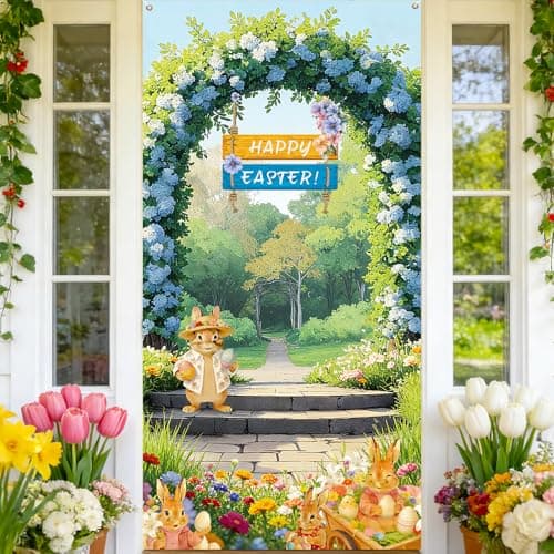Lednica Happy Easter Door Decoration, Rustic Hydrangea Easter Door Cover with Bunny Eggs, Spring Floral Arch Garden Banner for Party Decor & Supplies, 71x35 Inch - Image 1