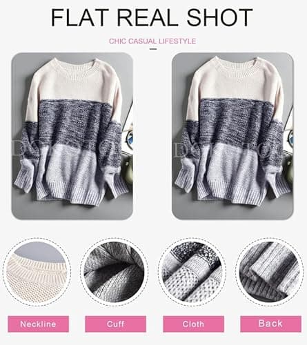 Dokotoo Women's Color Block Sweaters Winter Crewneck Long Sleeve Striped Fall Sweaters for Women Comfy Loose Knit Jumpers Pullovers Tops Gray Small - Thumbnail 4