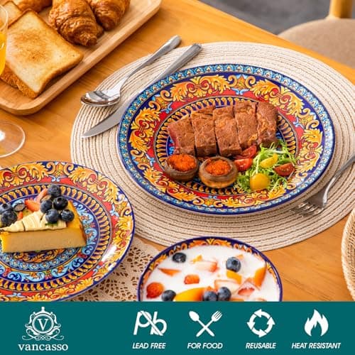 vancasso Plates and Bowls Sets,12-Piece Porcelain Dinnerware Set Service for 4, Bohemian Style Dishes Set for 4, Kitchen Dinner Set, Microwave and Dishwasher Safe, Scratch Resistant, Series KRVI - Thumbnail 3