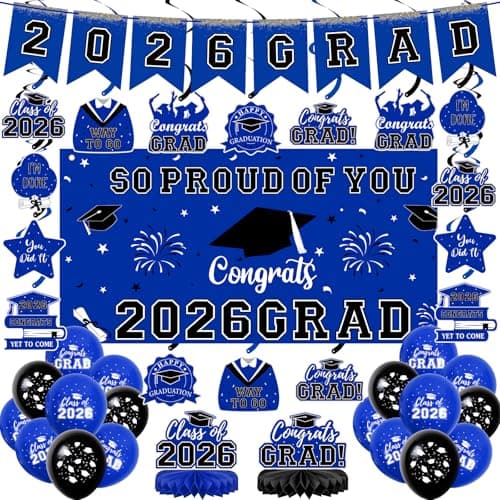 Graduation Decorations 2026 Blue Themed Grad Party Decor Set Backdrop Balloons Banner Honeycomb Centerpiece Hanging Swirl Kit Graduation Party Supplies for College High School Any Grade - Image 1