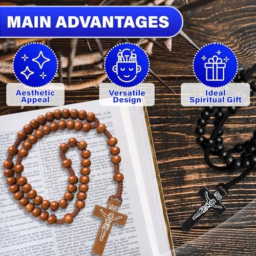 2 Pcs Small Wood Rosary Necklace – Wooden Cross Necklaces for Men and Women with Tan or Black Beads, 22" Length and 6" Drop – Lightweight Cross Accessory for Daily Wear, Layering, Prayer or Gifting - Thumbnail 4