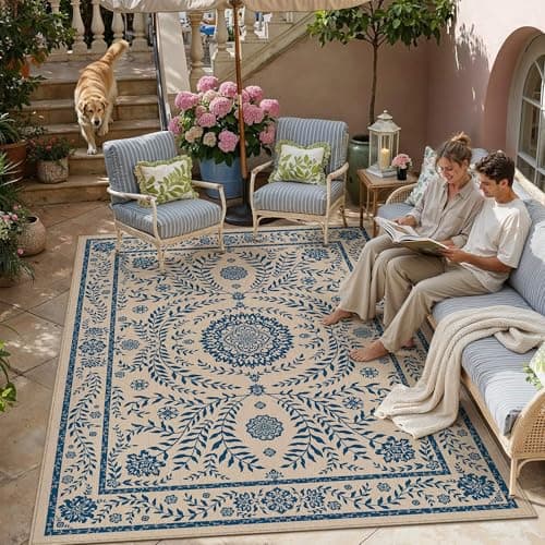 HUGEAR 6x9 Vintage Jute Outdoor Indoor Rug Washable Linen Textured Weave High Traffic Stain Resistant Non Slip Durable Carpet for Livingroom Patio Deck Balcony Courtyard (Floral Blue, 6' x 9') - Image 1