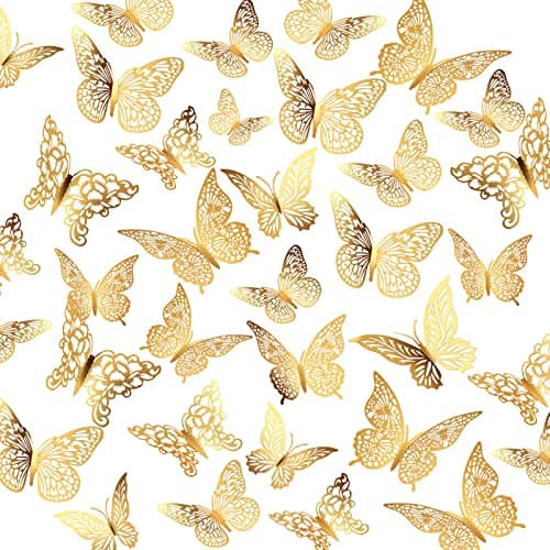 3D Gold Butterfly Wall Decor 3 Sizes 4 Styles Butterfly Party Decorations Cake Decorations Removable Stickers Wall Decor Room Mural Metallic Kids (Gold, 96Pcs) - Image 1