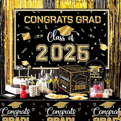 2026 Black Gold Graduation Party Decorations Set - Congrats Grad Backdrop, Banner, Tablecloth, Card Box, 45 Advice Cards & Cupcake Toppers for Class of 2026 Party Supplies - Thumbnail 4