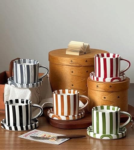 Cup and Saucer Set Hand-Painted Black Stripes, 8 Oz Ceramic Coffee Mug, Espresso Cups, Porcelain Coffee Cup for Cappuccino, Espresso, Coffee, Tea, Cafe Mocha, Latte, Set of Cup Gift for Coffee Lover - Thumbnail 5