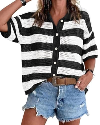 Cicy Bell Womens Summer Striped Crochet Cardigan Sweater Half Sleeve Button up Tops Loose Fit Cover Up White - Image 1