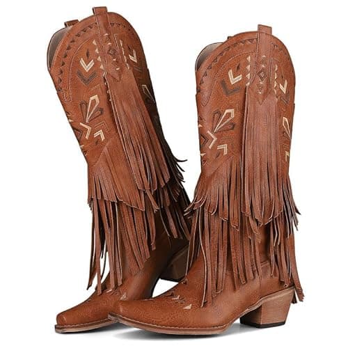 SaraIris Women's Cowgirl Boots Knee High Fringe Boots Tassel Western Boots Classic Embroidered Boots Chunky Heel Pointed Toe Pull On Cowboy Boots for Women - Image 1