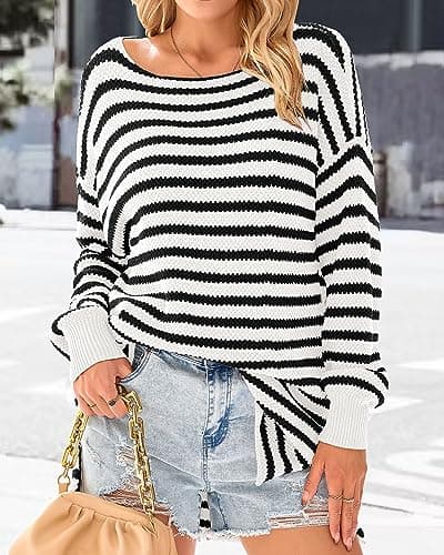 KIRUNDO Women's 2026 Fall Winter Oversized Long Sleeve Striped Sweater Casual Crewneck Side Split Pullover Knit Tops(Beige White, Medium) - Thumbnail 4