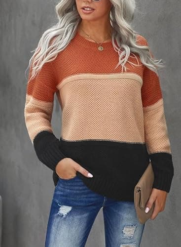 Dokotoo Sweaters for Women 2025 Color Block Striped Sweater Crewneck Long Sleeve Loose Knit Tops Orange Pullovers Fall Outifits Medium - Thumbnail 4
