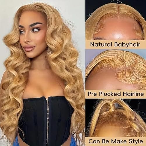 ROOMOOD 27# Ash Blonde Human Hair Lace Frontal Wig Body Wave 180% Density 13x6 Lace Front Wig Pre Plucked Natural Hairline for Women（24inch） - Thumbnail 4