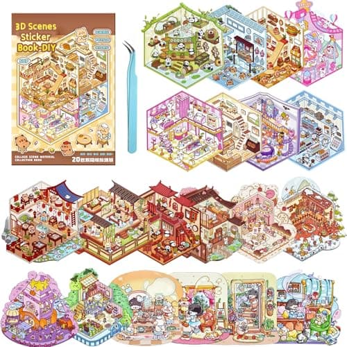 20 Sets DIY 3D House Stickers Scene Collection Book for Kids Adults, with Tweezers Make Your Own Shop House Stickers Therapy for Adult Relief Stress - Image 1
