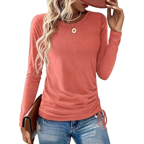 AIZHINENG Womens Long Sleeve Shirts Crewneck Tops Casual Fall Spring Trendy T-Shirts Outfits Clothes 2025 Pink - Image 1