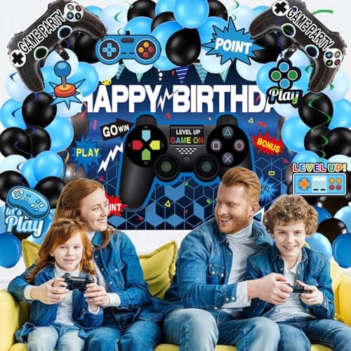 Video Game Party Decorations Set – 75PCS Gamer Birthday Supplies with Gaming ON Backdrop, Table Cover, Hanging Swirls, Cake Toppers, Foil Balloons for Boys & Kids - Thumbnail 6