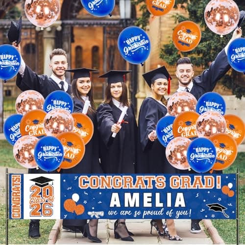 NUTTYBASH Graduation Party Decorations, Personalized Class of 2025 Graduation Banner with 78 Alphabet Stickers and Balloons, Congrats Banner for College High School Party Supplies(Blue Orange) - Thumbnail 2