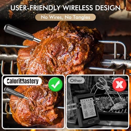 Wireless Meat Thermometer: 500FT Bluetooth Smart Meat Thermometer for Cooking and Grilling, CaloriMastery Digital Food Thermometer with Ultra-Thin Probe for Oven Safe, Kitchen, Smoker, BBQ - Thumbnail 2