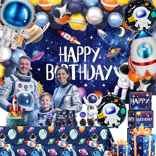 Outer Space Birthday Party Decorations – Space Theme Supplies with Backdrop, Tablecloth, Rocket Balloons, Astronaut Balloons Cake Topper for Kids & Boys - Thumbnail 2