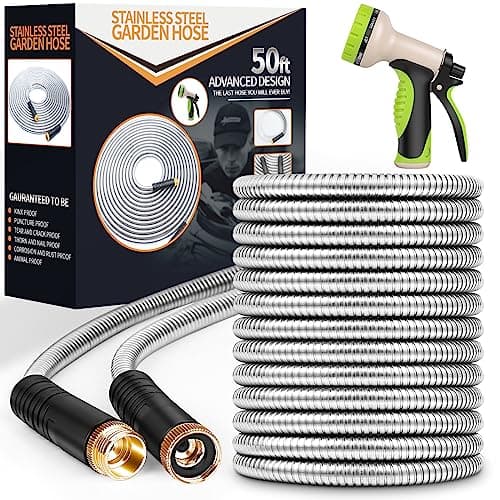 Garden Hose 50 ft, Stainless Steel Water Hose with 10 Function Nozzle Flexible, Heavy Duty, Lightweight, No-Kink, Pet Proof, Puncture Proof Hose Metal for Yard, Outdoor - Image 1