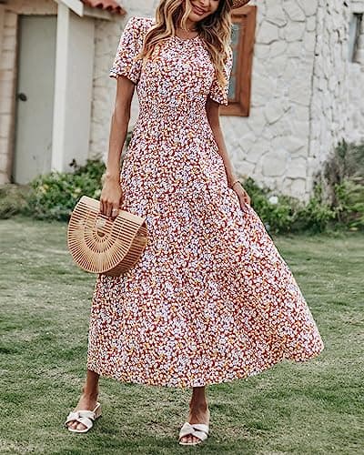 PRETTYGARDEN Women's Summer Casual Short Flutter Sleeve Round Neck Smocked Waist Tiered Boho Floral Flowy Maxi Dress(Floral and Leave Brown White,XX-Large) - Thumbnail 6