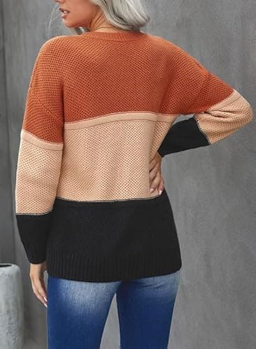 Dokotoo Sweaters for Women 2025 Color Block Striped Sweater Crewneck Long Sleeve Loose Knit Tops Orange Pullovers Fall Outifits Medium - Thumbnail 2