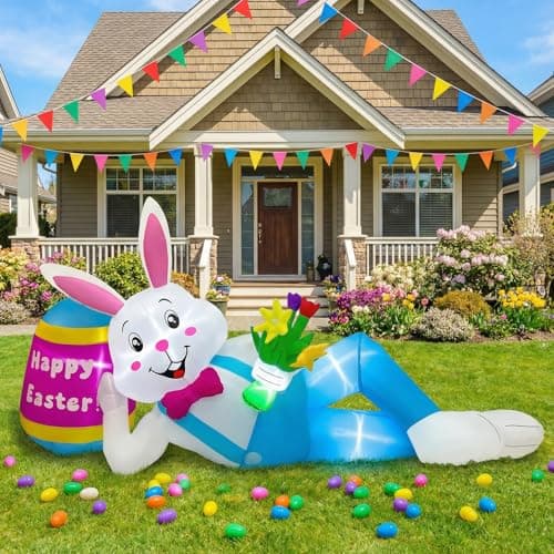 OurWarm 8FT Easter Inflatables Outdoor Decorations, Lying Inflatable Easter Bunny Decor with Egg, Easter Blow Up Yard Decorations with LED Lights, Easter Blow Ups for Outside Roof Lawn Yard Decor - Image 1