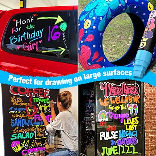 Window Paint Markers for Glass Washable: 8 Pack 15mm Jumbo Liquid Chalk Marker, Neon Glass Markers Pen, Wet Erase for Cars, Auto, White Board, Chalkboard, Black board, Tire, Mirrors, Bistro - 8 Colors - Thumbnail 6