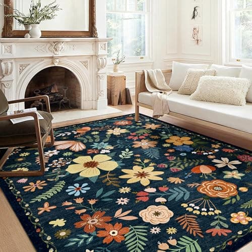 Washable Area Rug, Floral Rug, Large Carpet for Living Room & Bedroom, 9'x 12',Blue - Image 1