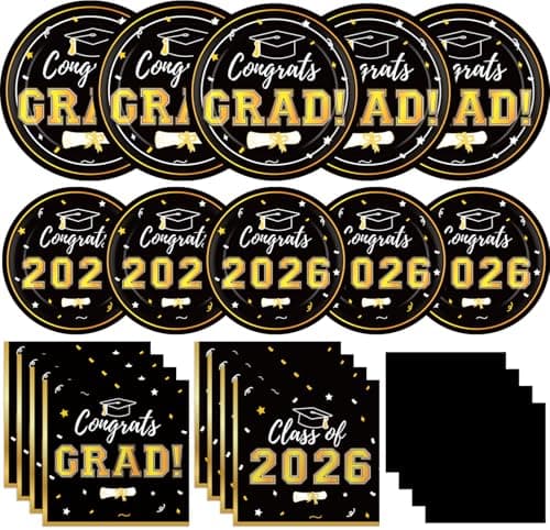 Graduation Party Plates and Napkins 2026 Graduation Party Supplies Black Gold Disposable Paper Plates Luncheon Napkins Cocktail Napkins for Graduation Party Decorations Serve 50 - Image 1