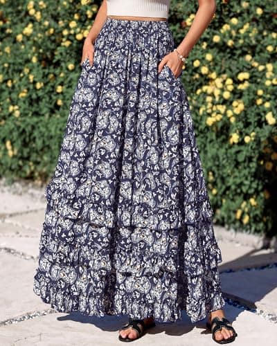 BTFBM Skirts for Women Summer Flowy A-Line Floral Boho Maxi Skirt Long Wedding Guest Dresses Spring Outfits 2026(Floral Floral Navy White,Large) - Thumbnail 4