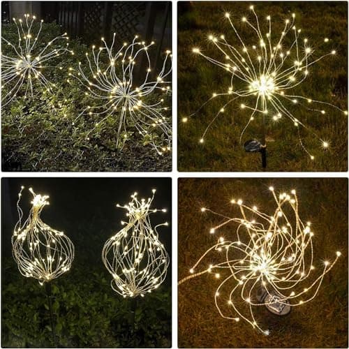HFLYJPYW Solar Firework Lights 2Pcs Garden Lights Outdoor Waterproof, 120 LED with 8 Modes Twinkling and Steady-On, Festive daysStarburst Lights for Path, Patio, Yard (Warm White) - Thumbnail 4
