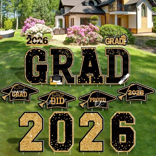 Graduation Yard Sign, 14 PCS Black Gold Large Congrats Grad Lawn Stakes, Class of 2026 Yard Signs with Stakes, Graduation Party Decorations Outdoor, Graduation Yard Decor for College High School - Image 1