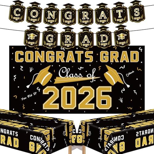 Graduation Decorations 2026 - Black Gold Congrats Grad Banner Backdrop Tablecloth Set - Graduation Decorations Class of 2026 | Graduation Party Favors Supplies - Image 1