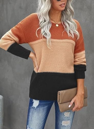 Dokotoo Sweaters for Women 2025 Color Block Striped Sweater Crewneck Long Sleeve Loose Knit Tops Orange Pullovers Fall Outifits Medium - Thumbnail 5