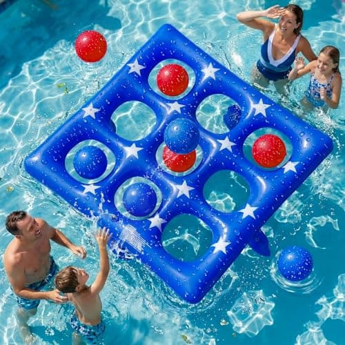 Pool Party Toys Games Set - Giant Inflatable Tic Tac Toe Float Game, Outdoor Pool Games for Adults Kids Family Pool Toys for 2-10 Players, Fun Swimming Beach Yard Activities with 10 Balls for Ages 6+