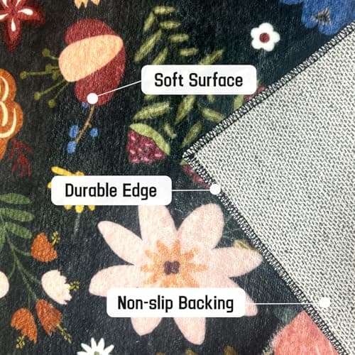 Washable Area Rug, Floral Rug, Large Carpet for Living Room & Bedroom, 9'x 12',Black - Thumbnail 4