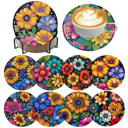 ijbnhd 8 Pcs Flowers Diamond Art Coasters with Holder-DIY Flowers Diamond Painting Coasters 5D Gem Art Coaster with Cork Pads for Adults (4X4inch) (Cork Wooden Pad) - Image 1