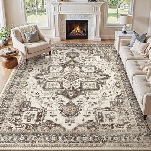 Jessibou Washable 8x10 Area Rug for Living Room - Vintage Distressed Carpet with Non-Slip Backing, Soft Stain Resistant Low Pile Indoor Rug for Bedroom & Dining Room, Kid & Pet Friendly -Dark Brown - Image 1