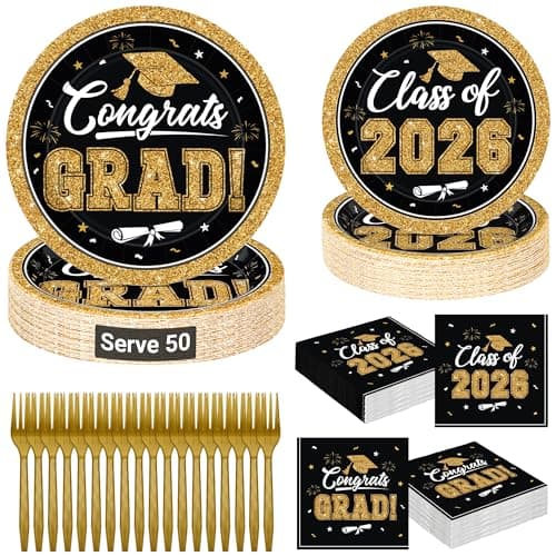 QZYL 200Pcs Graduation Party Supplies 2026, Black and Gold Graduation Plates and Napkins, Disposable Grad Dessert Plates and Plastic Forks, Graduation Party Tableware for 50 Guests - Image 1