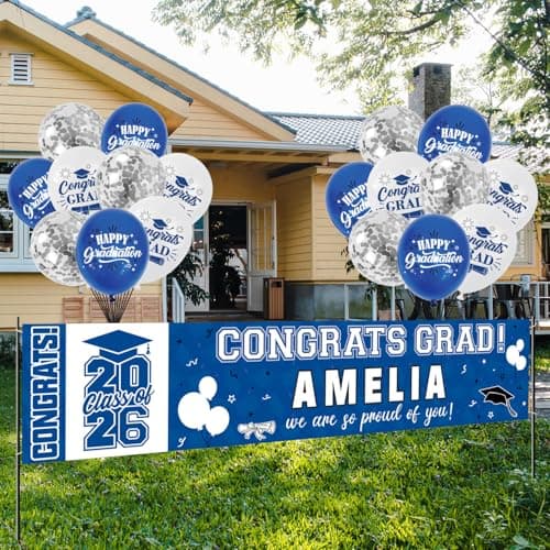 Graduation Party Decorations, Blue and White Personalized Class of 2026 Graduation Banner with 78 Alphabet Stickers and Balloons, Congrats Banner for College High School Party Supplies - Image 1