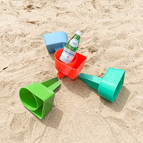 Home Queen Beach Cup Holder with Pocket, Multi-Functional Sand Cup Holder for Beverage Phone Sunglasses Key, Beach Accessory Drink Sand Coaster, Set of 4 (Blue, Teal, Orange and Green) - Thumbnail 3