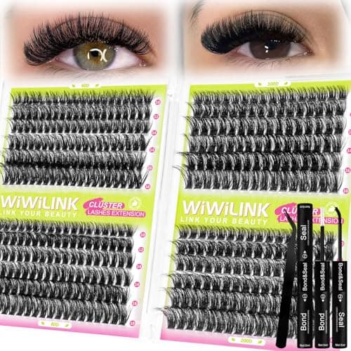 WiWiLINK Lash Extension Kit 60D+80D+100D+200D Individual Lash Clusters 424PCS D Curl 10-18mm Volume Cluster Eyelash Extensions Kit with Lash Bond & Seal and Applicator for DIY Eyelashes Beginners - Image 1