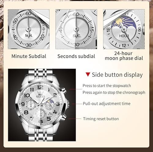 OLEVS Watch Men Silver Watch for Men Luxury Stainless Steel Big Face Dress Analog Quartz Simple Easy Read Mens Watches Moon Phase Chronograph Waterproof Luminous Men's Wrist Watches - Thumbnail 6