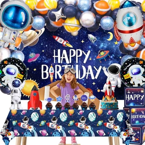 Outer Space Birthday Party Decorations – Space Theme Supplies with Backdrop, Tablecloth, Rocket Balloons, Astronaut Balloons Cake Topper for Kids & Boys - Thumbnail 4