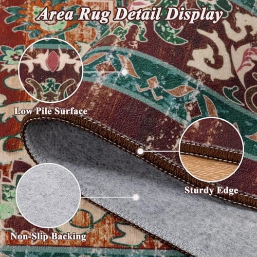 U'Artlines Boho Vintage Area Rug 8x10 Machine Washable Low Pile Ultra-Thin Soft Floor Carpet Non Slip Non Shedding Accent Rug for Living Room Bedroom Entryway Dining Room Office(Rust＆Teal) - Thumbnail 3